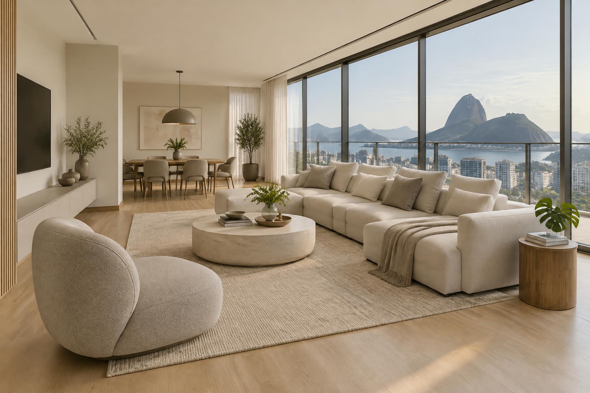 Sala de estar sofisticada com piso laminado claro