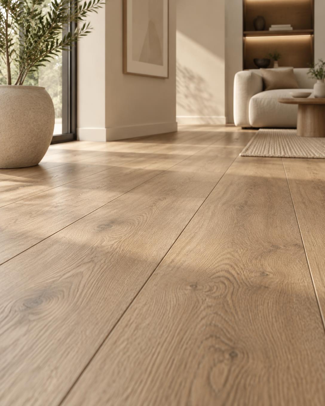 Piso laminado em tons de carvalho claro em ambiente residencial