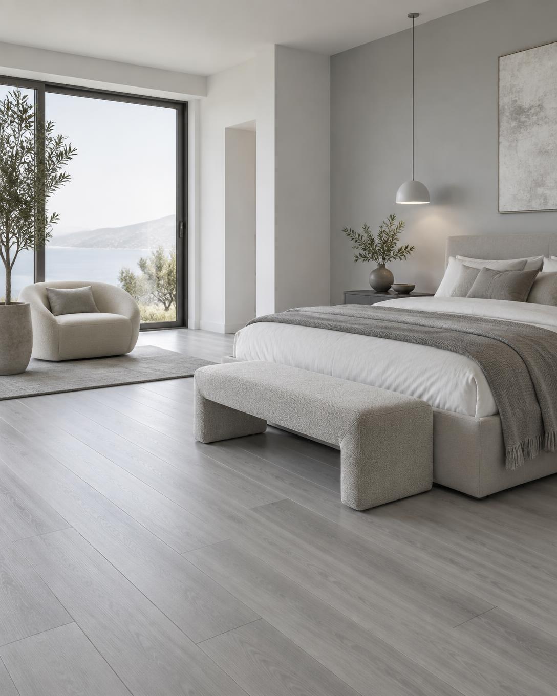 Quarto minimalista com piso vinílico em tom acinzentado